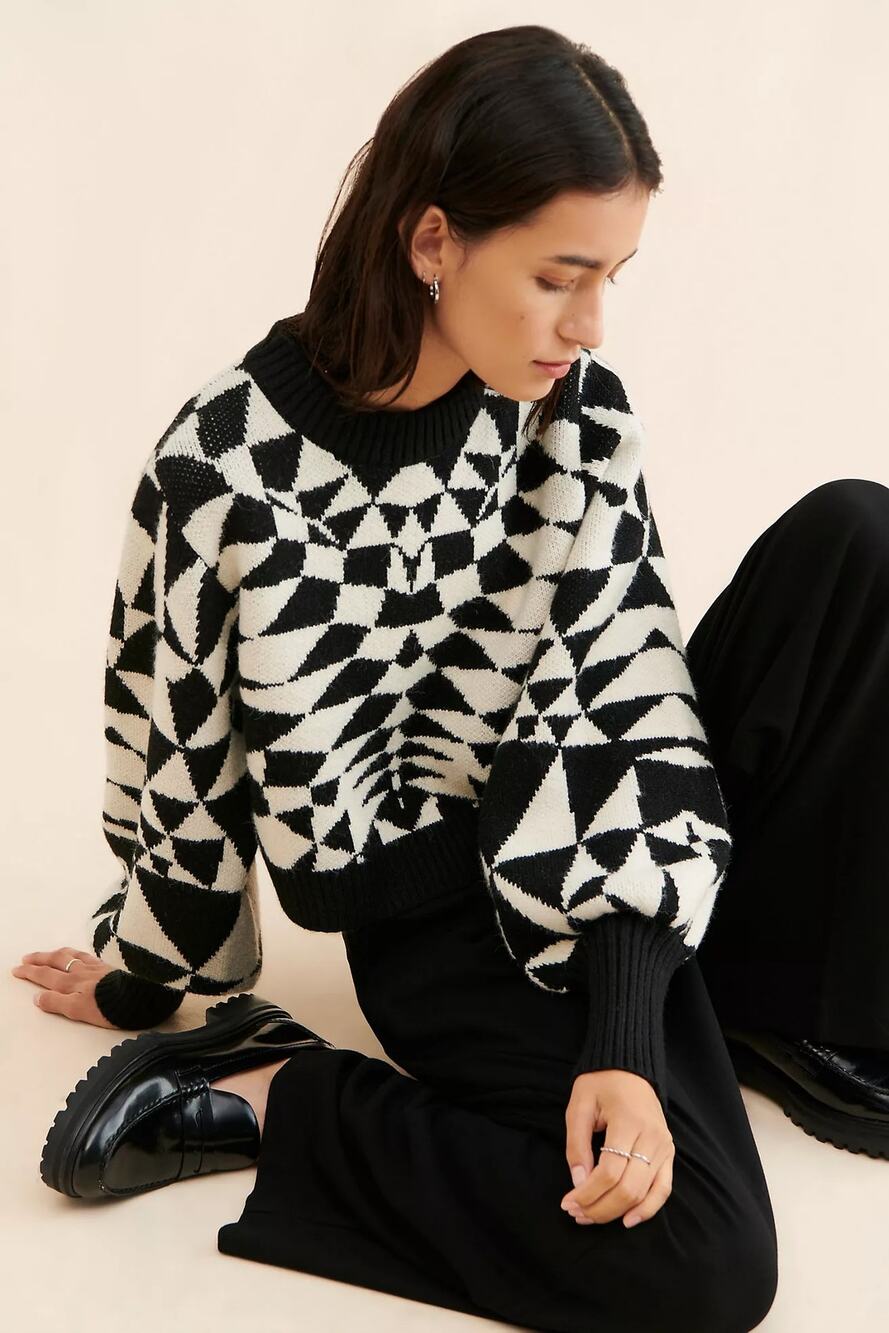 Farm Rio Heart Deco Knit Sweater Black White XS Wool Blend